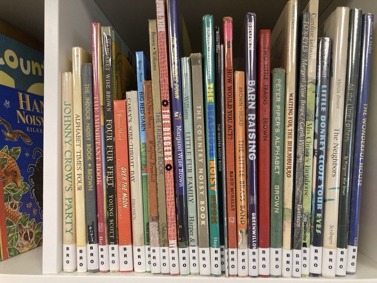 Vintage children's book spines from Hall's Living Library, including Margaret Wise Brown classics
