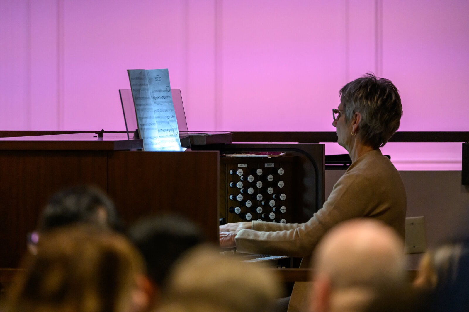 The organist leads music during worship at Pray's Mill